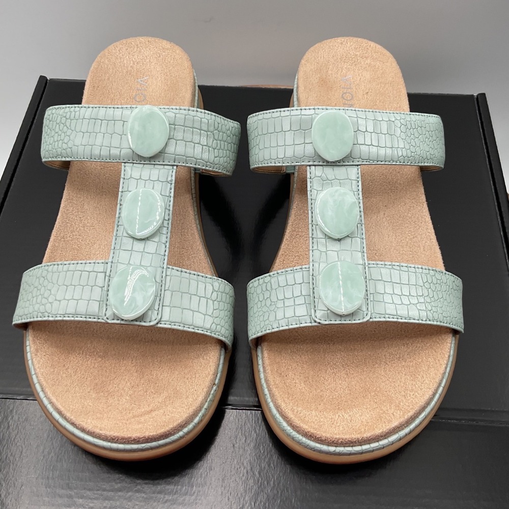 Vionic Serra Mint Green Croc Embossed Cabochon T-Strap Slide Sandals Womens 8.5